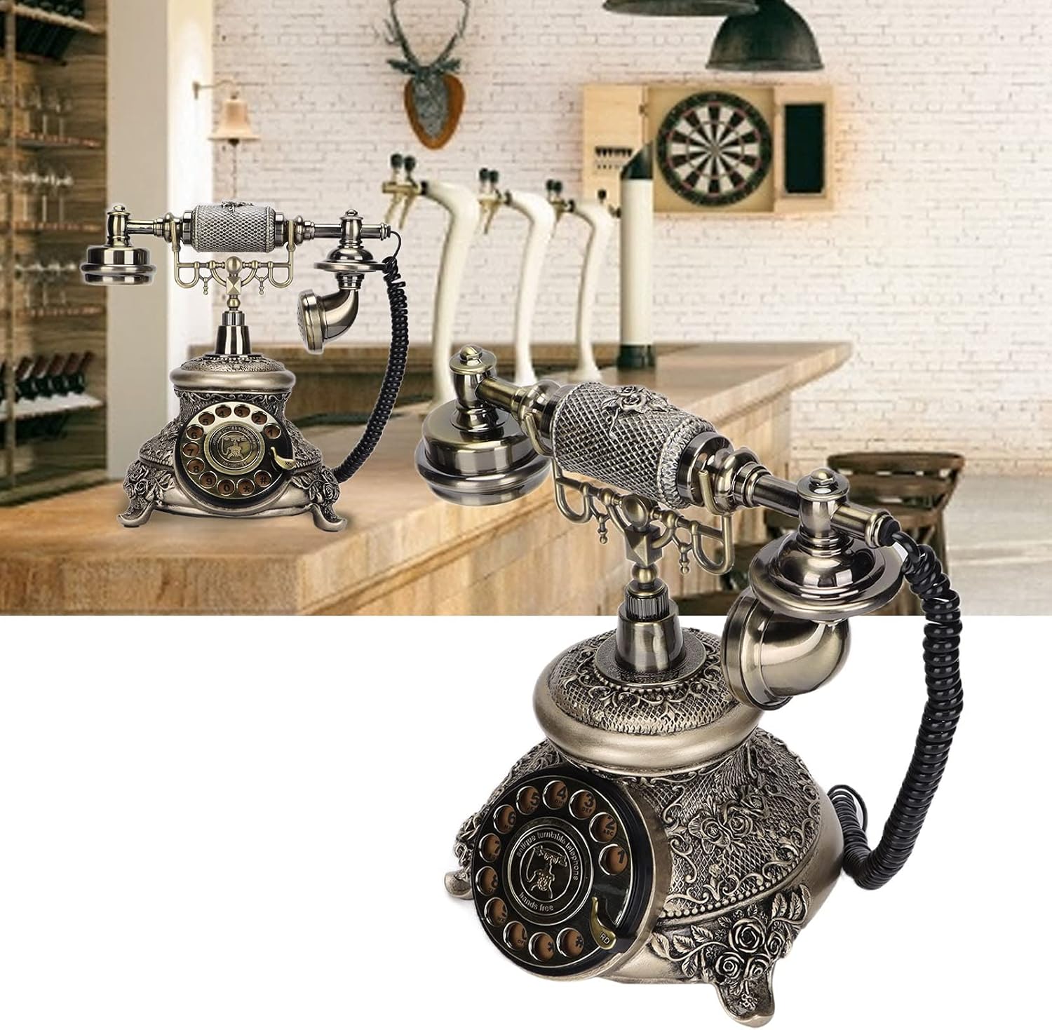 Antique Telephone, Classic European Retro Landline Telephone with Phone Line, Redialing Functions Old Fashioned Antique Phone for Home Coffee Shop Bar (Bronze)