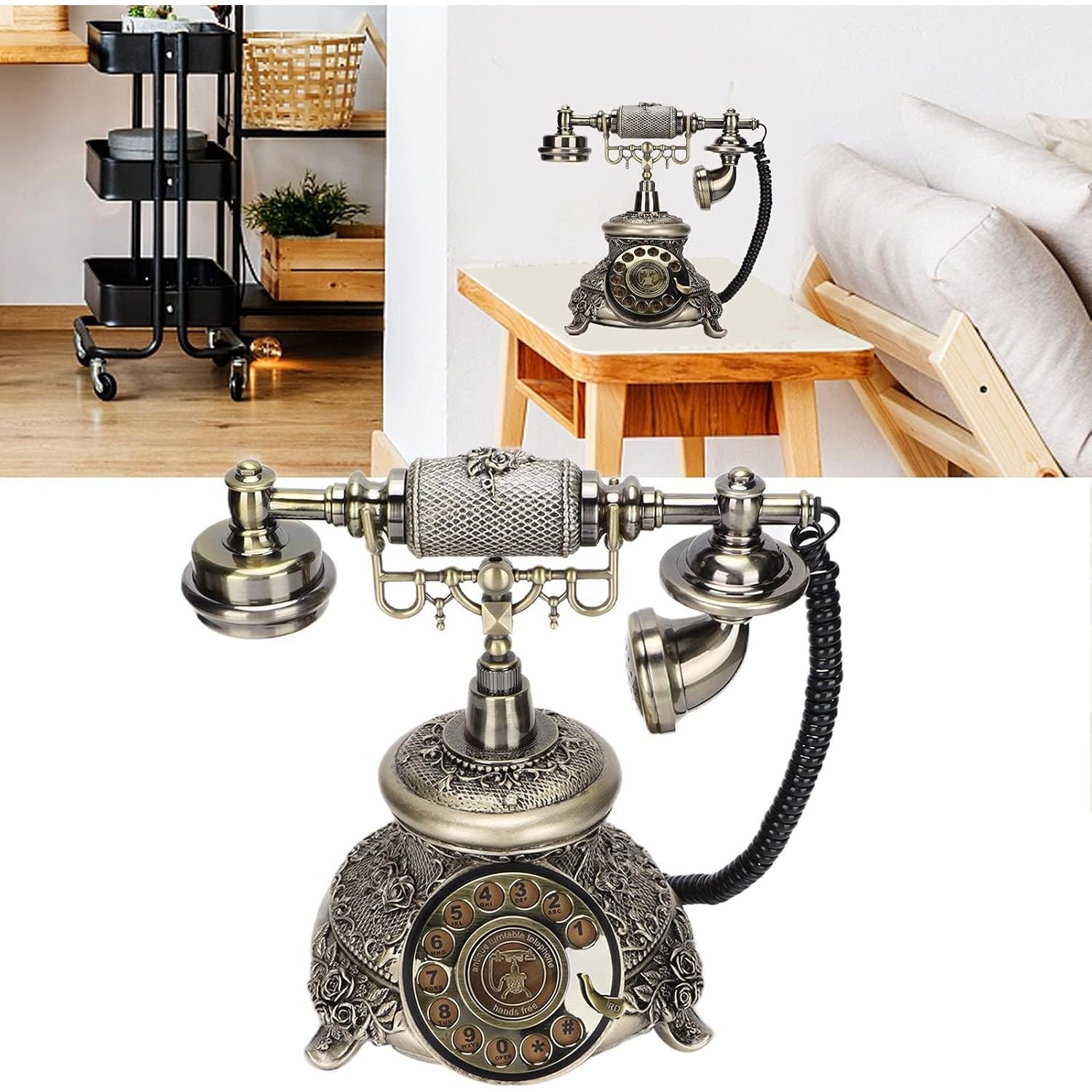 Antique Telephone, Classic European Retro Landline Telephone with Phone Line, Redialing Functions Old Fashioned Antique Phone for Home Coffee Shop Bar (Bronze)