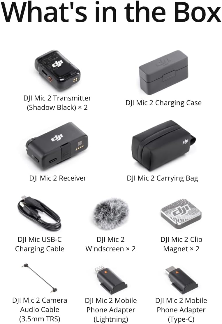 DJI Mic 2 (2 TX + 1 RX + Charging Case), Wireless Microphone, Intelligent Noise Cancelling, 32-bit Float Internal Recording, 250m (820 ft.)