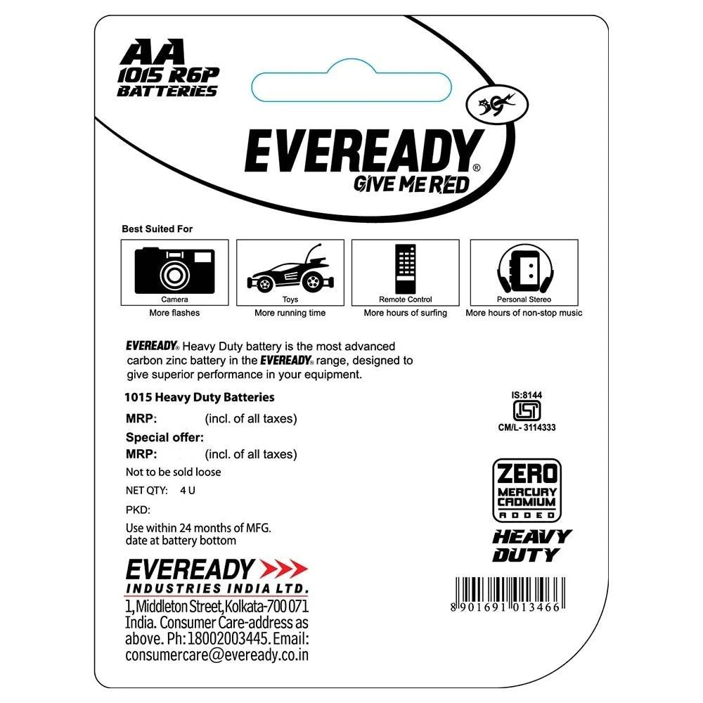 Eveready Red 1015 AA Carbon Zinc Batteries (Pack of 4)