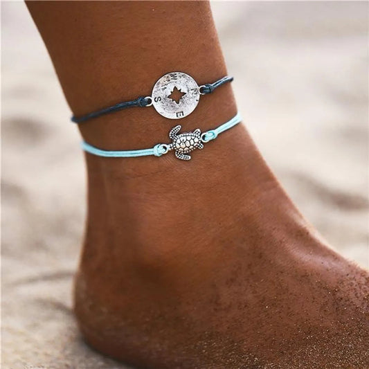 F11030 | Vintage Wax Rope Turtle Anklet Bracelet Antique Silver Two-Color Anklet