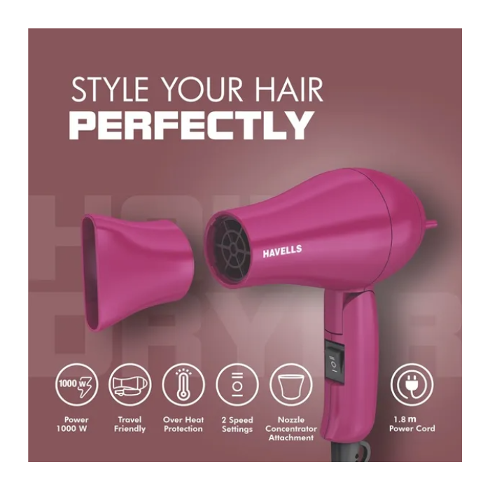Havells HD1825 1000W Compact Hair Dryer – Lightweight & Travel-Friendly with Gentle Drying