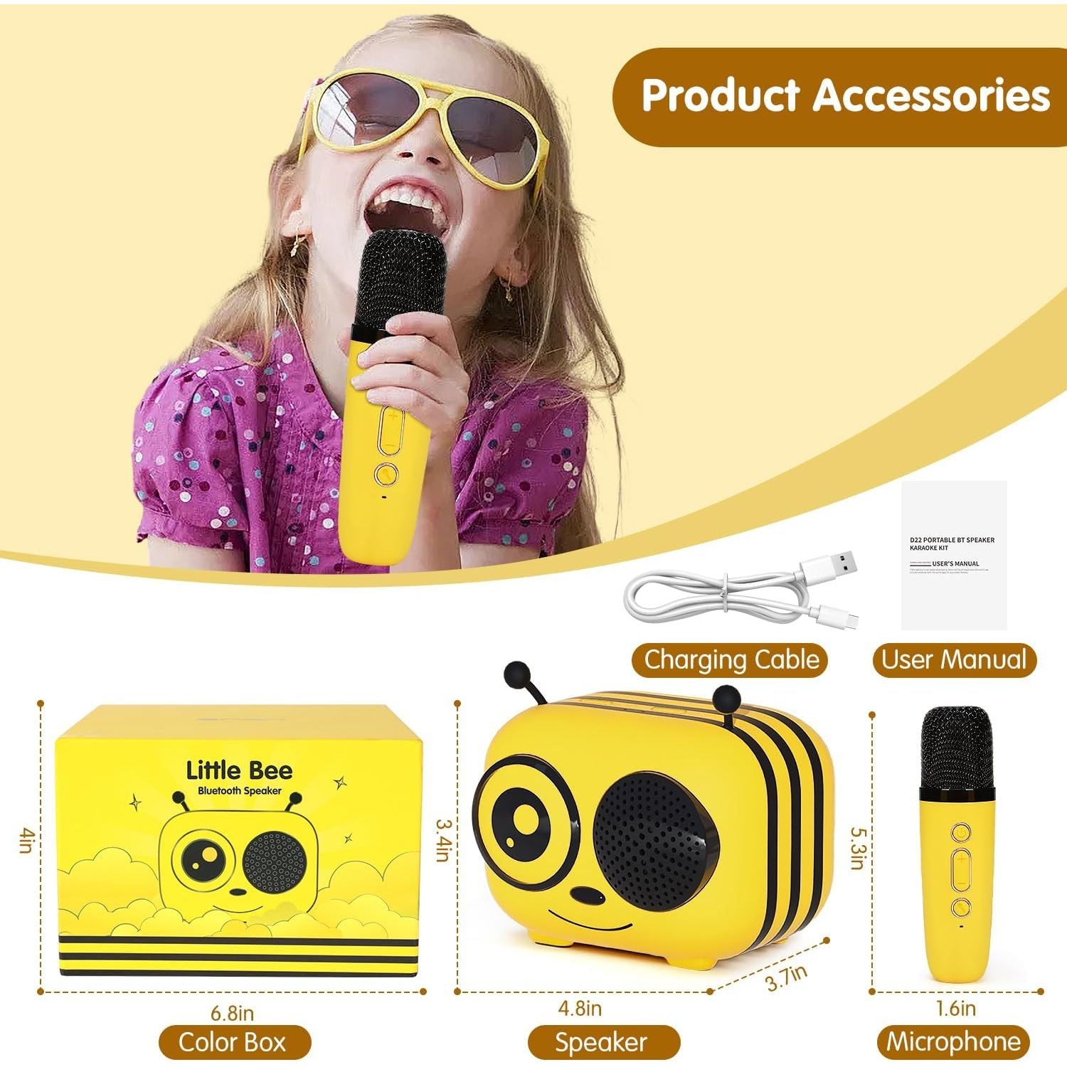 Hexel Kids Karaoke Bee Speaker | Music Toys for Girls & Boys Ages 3-12 Portable Bluetooth Speaker with 1 Wireless Microphone