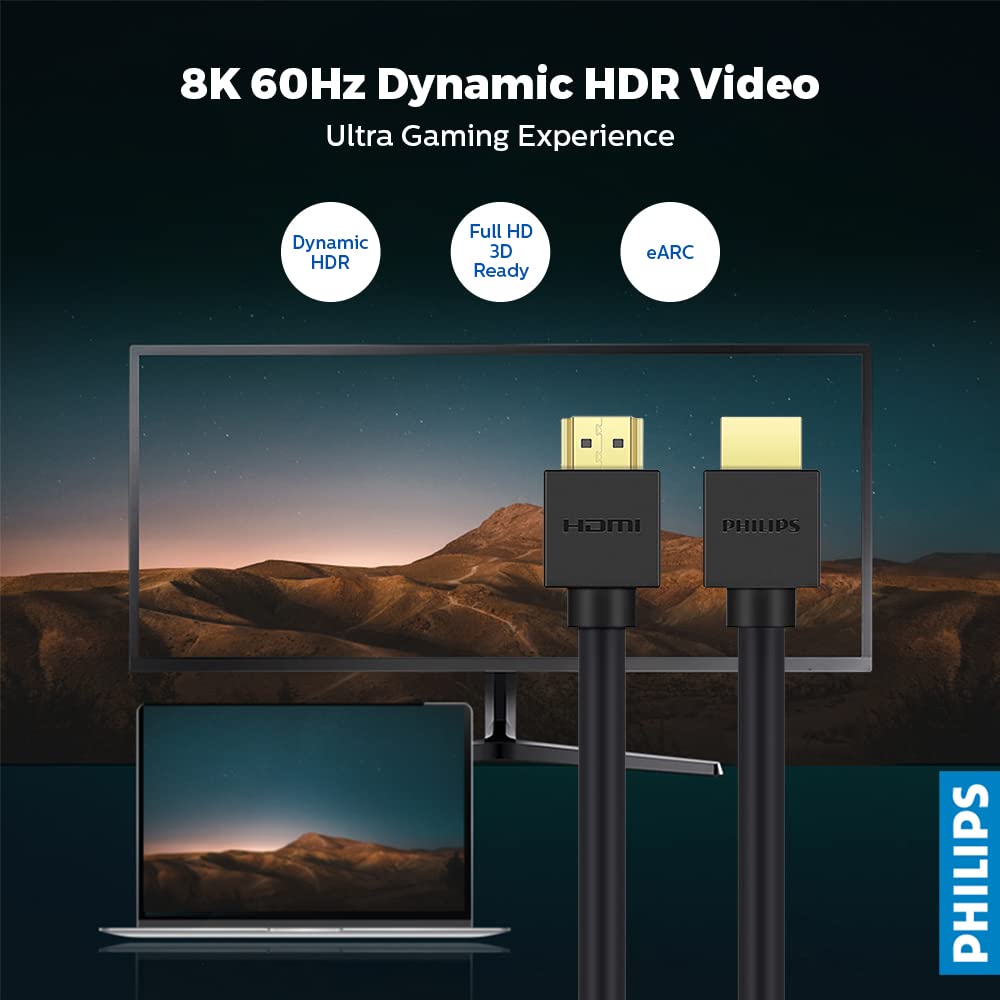 PHILIPS SWV9431 8K UHD HDMI Cable - 4320p, 3D, eARC, 48 Gbps Data Transfer, 60Hz, Dynamic HDR - 1.5m | Elevate Your Visual and Audio Experience with Stunning 8K Resolution and Immersive 3D Effects