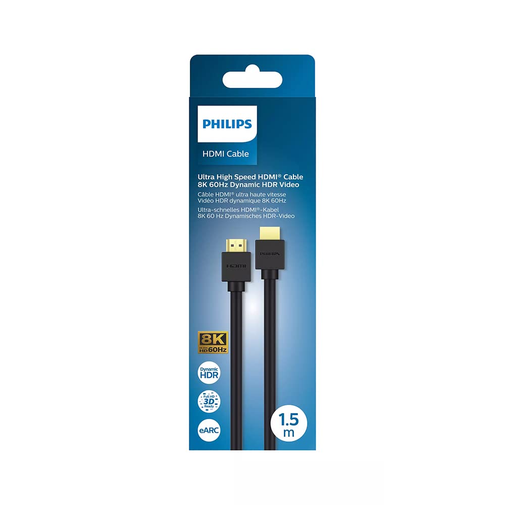 PHILIPS SWV9431 8K UHD HDMI Cable - 4320p, 3D, eARC, 48 Gbps Data Transfer, 60Hz, Dynamic HDR - 1.5m | Elevate Your Visual and Audio Experience with Stunning 8K Resolution and Immersive 3D Effects