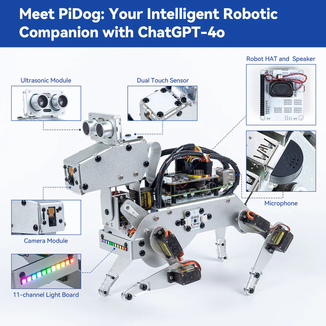 SunFounder PiDog AI Robot Dog Kit for Raspberry Pi 4/3B+/3B/Zero 2W, ChatGPT-4o Enabled with Voice Command & Video Recognition
