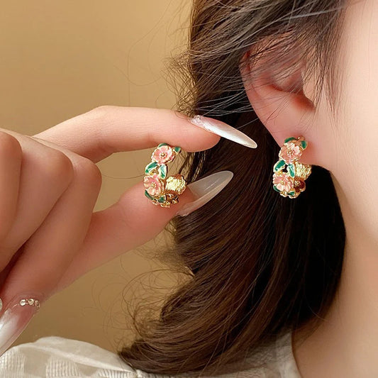Rose branch romantic French glaze flower C-shaped earrings