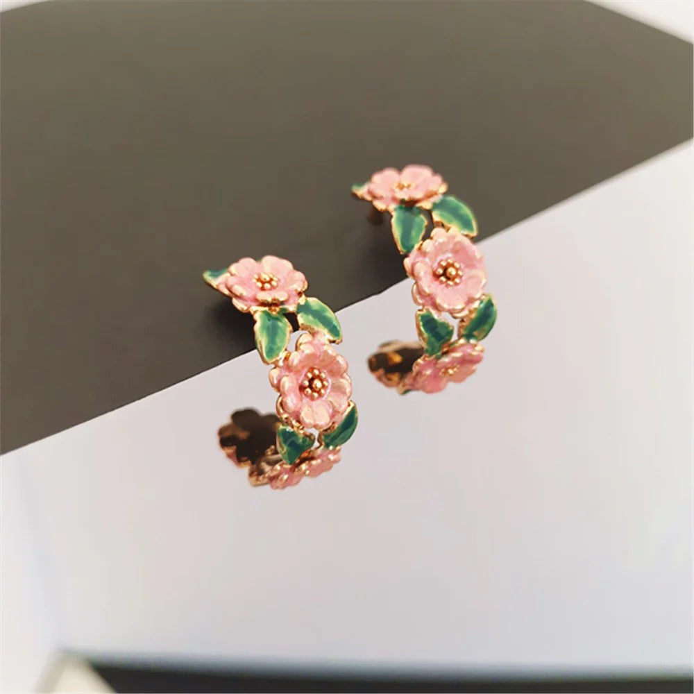 Rose branch romantic French glaze flower C-shaped earrings