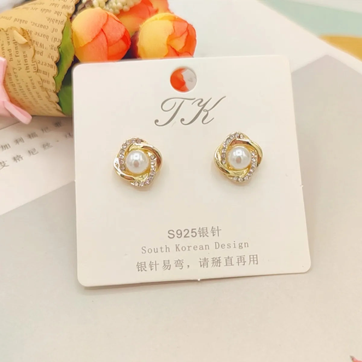 Korean Pearls Rhinestones Shell Women'S Earrings S925 8-205