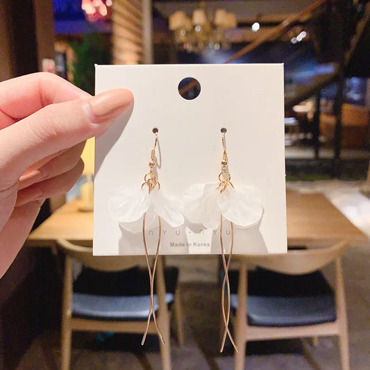 Transparent Flower Tassel Ear Hook | Artificial Pearls Drop Earrings