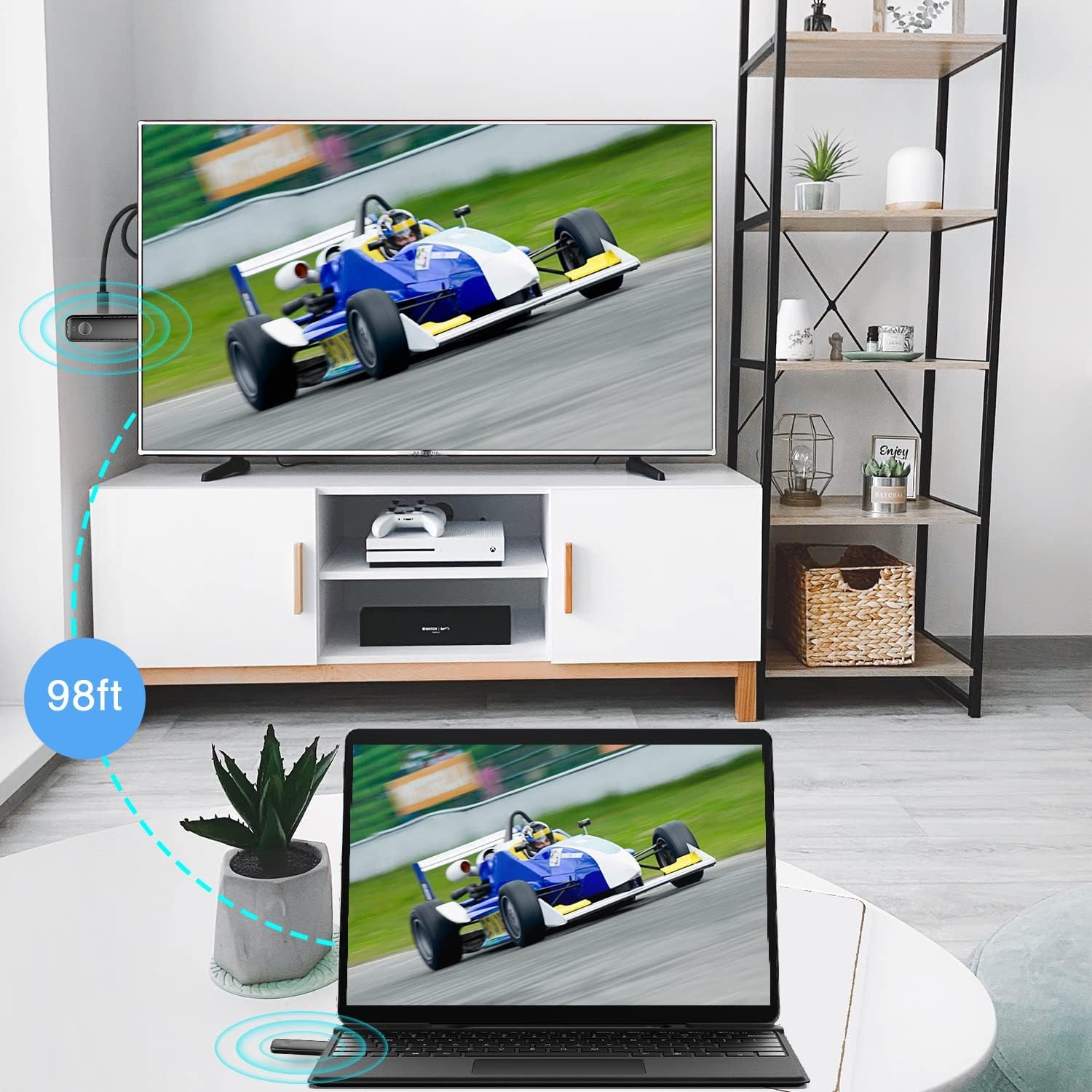 Wireless HDMI Transmitter and Receiver, Wireless Kit with WiFi Extender Adapter, 98FT Range, 1080P Streaming for Video and Audio from Laptop, PC, Cable Box, Camera to Monitor, Projector, HDTV