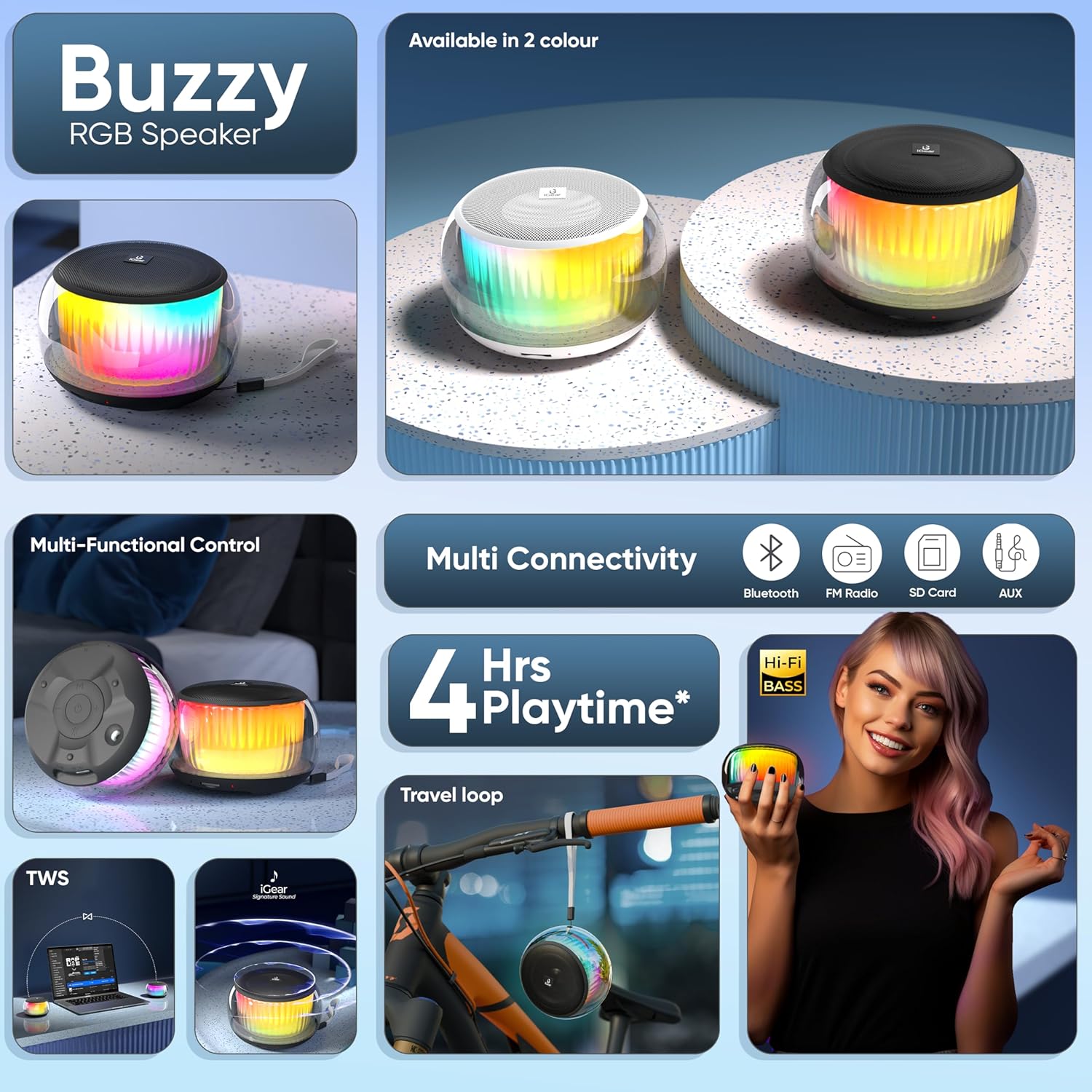 iGear Buzzy Portable Bluetooth Mini Speaker, TWS Function for Home Party, Twin Pairing, FM Mode, TF/SD Card Slot, AUX-in, 360° RGB Lights, Auto-Pairing, Type-C Rechargeable, Wireless Speaker
