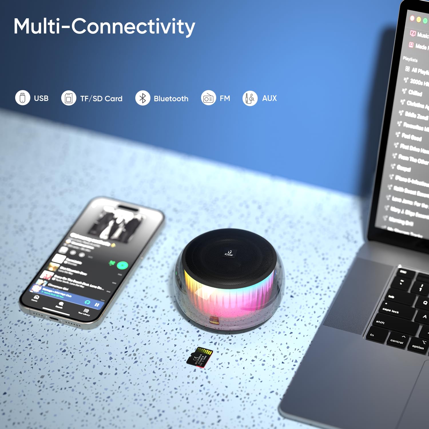 iGear Buzzy Portable Bluetooth Mini Speaker, TWS Function for Home Party, Twin Pairing, FM Mode, TF/SD Card Slot, AUX-in, 360° RGB Lights, Auto-Pairing, Type-C Rechargeable, Wireless Speaker