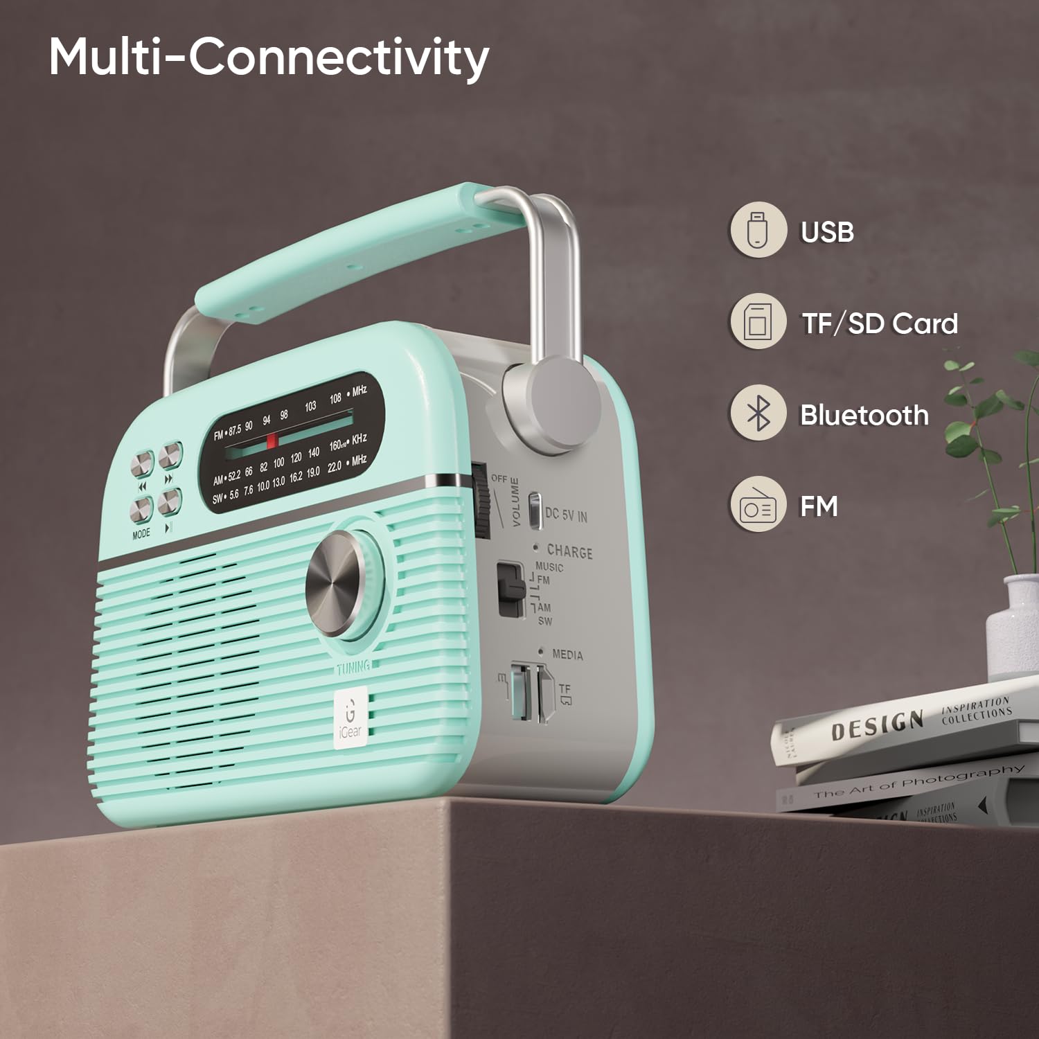 iGear Trinity Solar-Powered MP3 Player & 3-Band Radio with FM/AM/SW, Retro Modern Style, Bluetooth, USB, TF/SD Card, 1200 mAh Rechargeable Battery, Solar Charger, 1 Year Replacement Warranty (Blue)