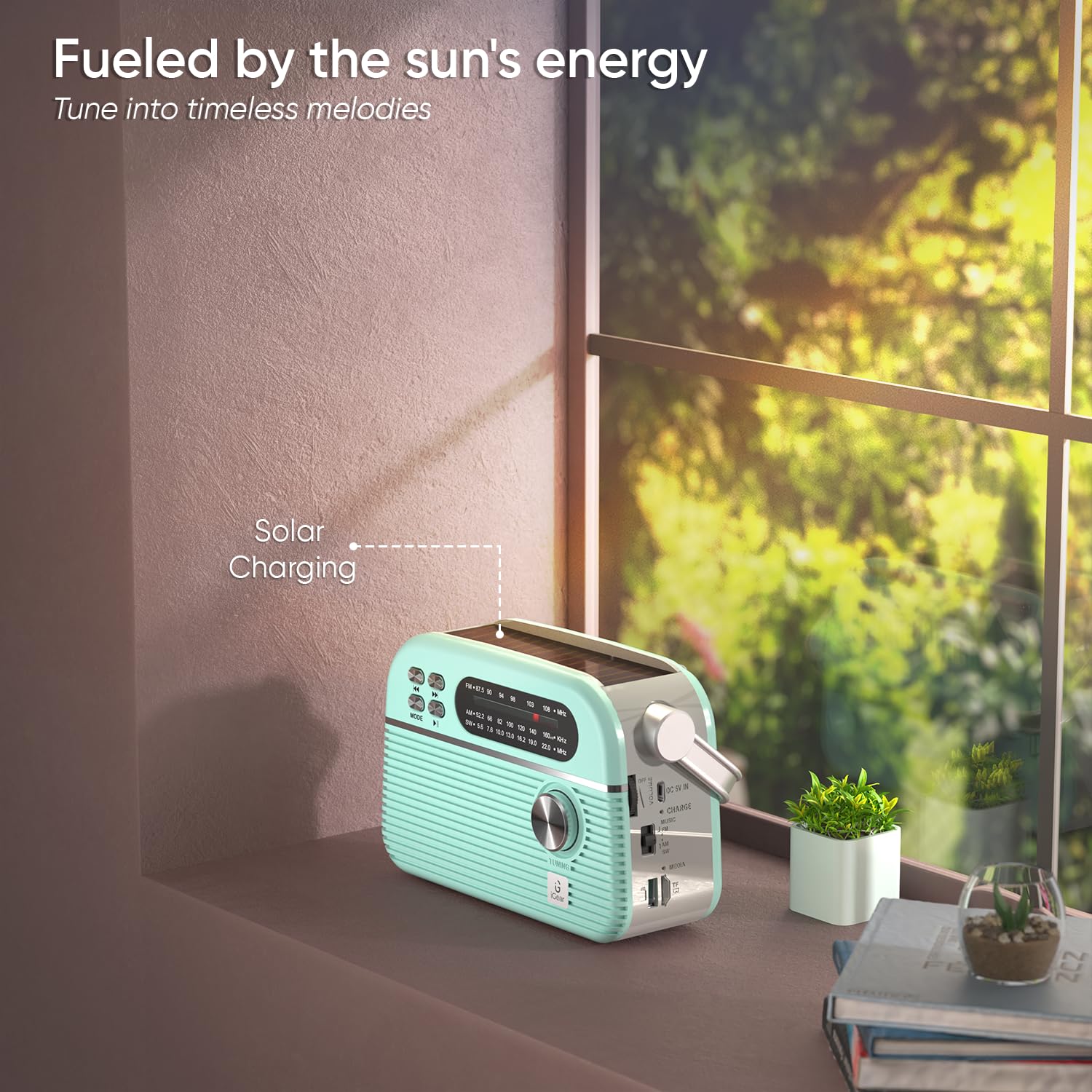 iGear Trinity Solar-Powered MP3 Player & 3-Band Radio with FM/AM/SW, Retro Modern Style, Bluetooth, USB, TF/SD Card, 1200 mAh Rechargeable Battery, Solar Charger, 1 Year Replacement Warranty (Blue)