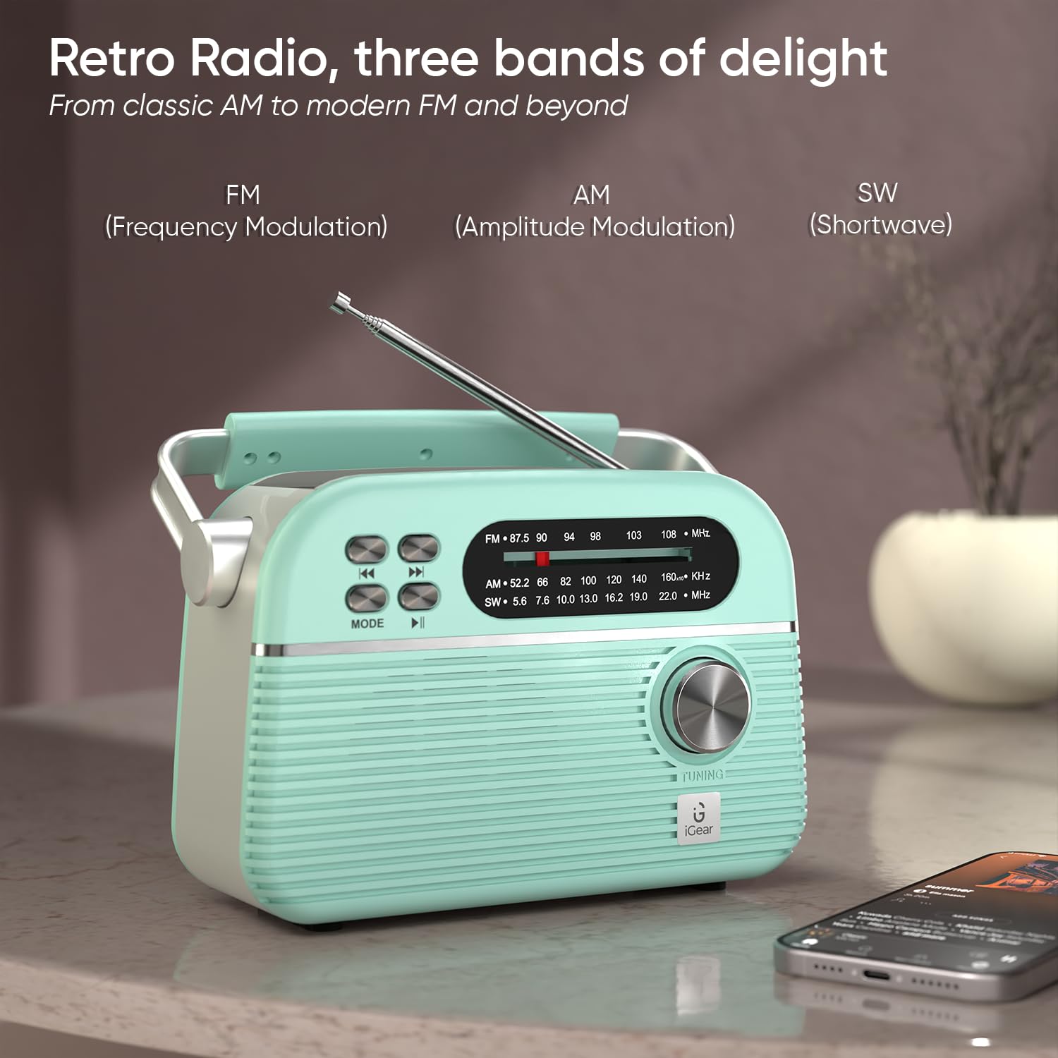 iGear Trinity Solar-Powered MP3 Player & 3-Band Radio with FM/AM/SW, Retro Modern Style, Bluetooth, USB, TF/SD Card, 1200 mAh Rechargeable Battery, Solar Charger, 1 Year Replacement Warranty (Blue)